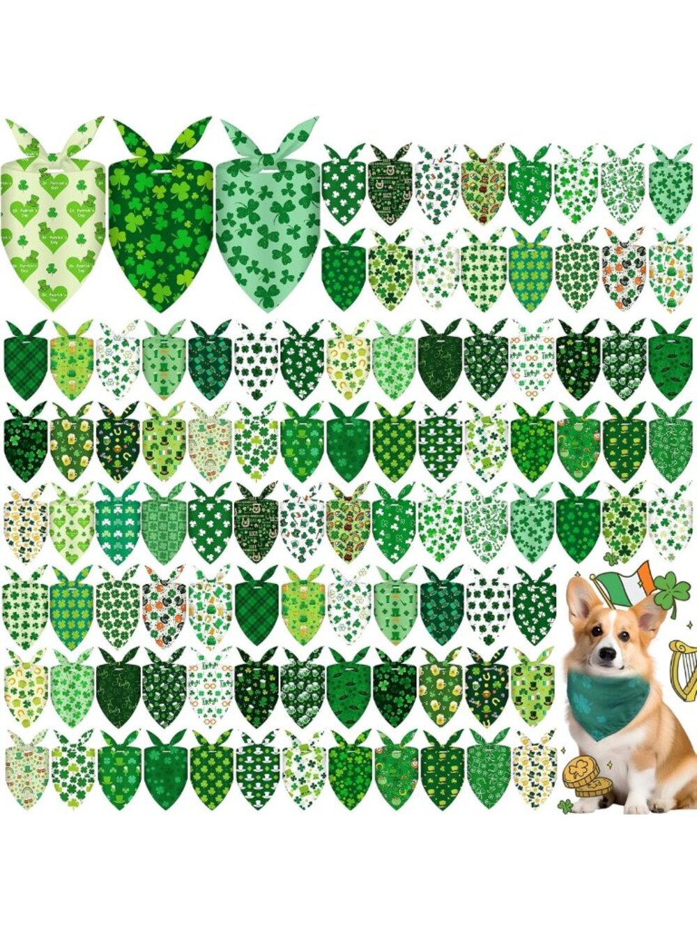100 Pcs St. Patrick's Day Dog Bandanas - Lucky Shamrock Pet Scarves for All